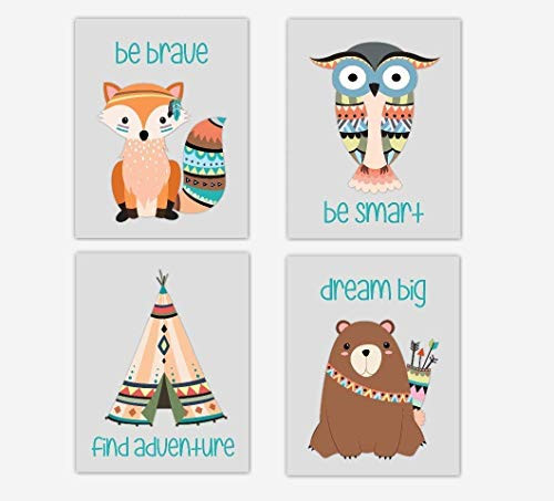 Tribal Woodland Nursery Art Fox Owl Bear Teepee Animals Decor 4 UNFRAMED PRINTS