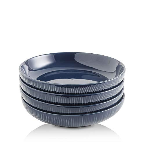 KOOV Ceramic Pasta Bowls Set of 4 30 OZ Large Salad Bowls Salad Serving Bowls Soup Bowl Set Ceramic Bowls Irregular Striped Series  Aegean