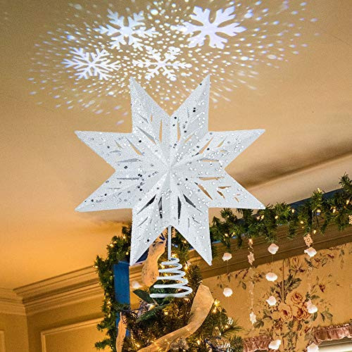 YEAHOME Christmas Star Tree Topper White Christmas Tree Star Lighted Star Tree Topper with Snowflake Projector Lights Xmas Tree Topper for Christmas Tree Decorations