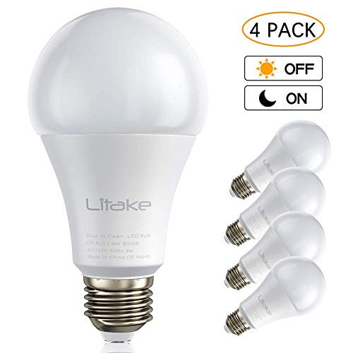 Litake Light Sensor Bulb, A19 Led Dusk to Dawn Bulbs 80W Equivalent,Photocell Light Bulbs 5000K/Daylight White, 900 Lumens E26 Base Auto On/Off Smart Bulb for Porch Yard Patio, 4 Pack