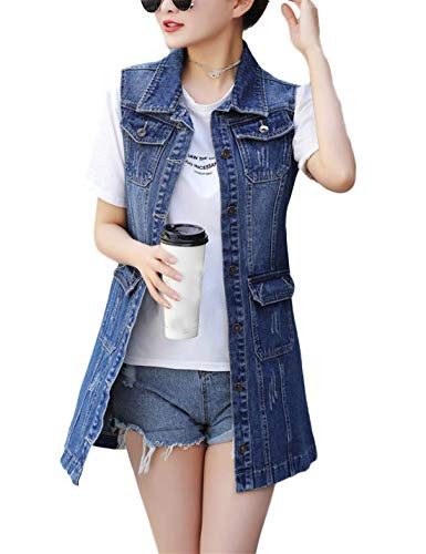 Omoone Womens Stylish Lapel Ripped Mid Long Sleeveless Denim Jean Vest Waistcoat 0192-Blue 02-M