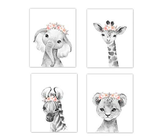 Baby Girl Nursery Wall Art Coral Floral Crown Safari Animals Elephant Giraffe Lion Zebra Room Decor 4 UNFRAMED PRINTS