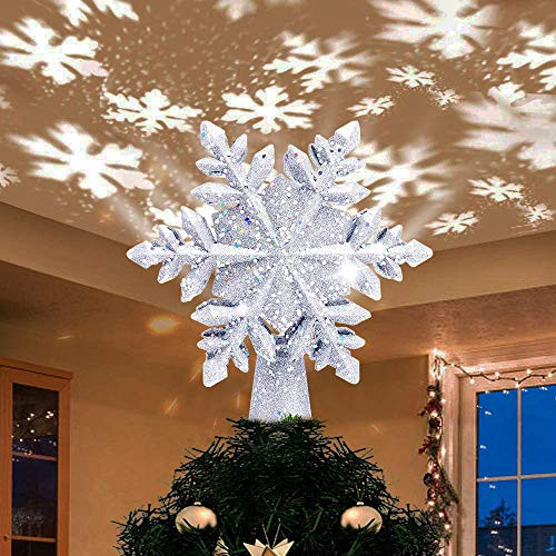 Yostyle Christmas Tree Topper Lighted with White Snowflake Projector LED Rotating Snowflake 3D Glitter Lighted Sliver Snow Tree Topper for Christmas Tree Decorations