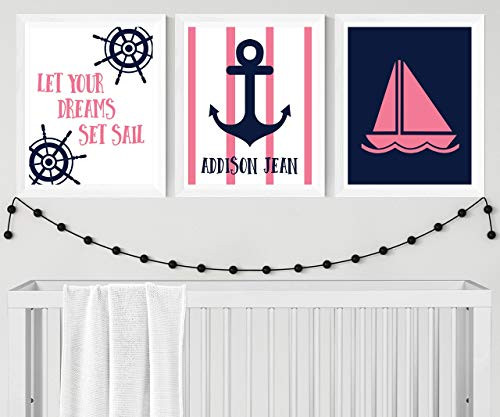Set of 3 Prints   Nautical Nursery   Girls Nautical Wall Art   Girls Nautical Decor   Girls Nautical Bathroom
