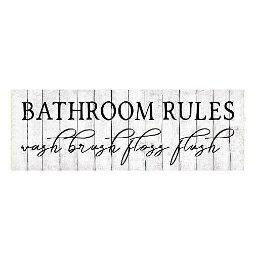 18 Inch Black and White Bathroom Rules Wash Brush Floss Flush Wood Sign