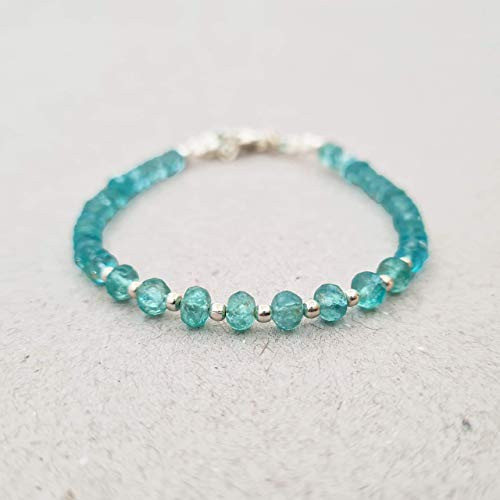 Dainty Blue Apatite Bracelet for women Roundel Beads Sterling Silver Birthstone Jewelry Gift ideas