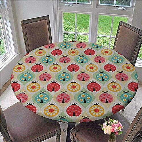 Round Tablecloth Ladybugs Cartoon Pattern with Retro Polka Dots Daisy Blossoms and Little Hearts Love Stretchable Table Cap No Fabric Draping Down for Puppy to Grab Multicolor Diameter - 55 Inch
