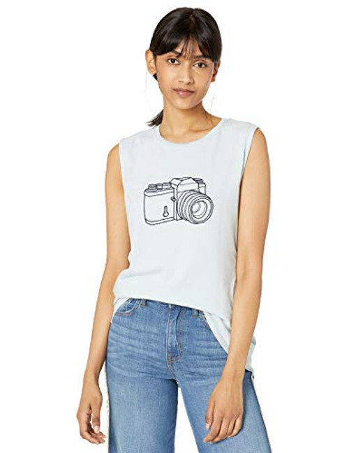 French Connection Women s Short Sleeve Crew Neck Graphic T-Shirt Camera Light Dream Blue S