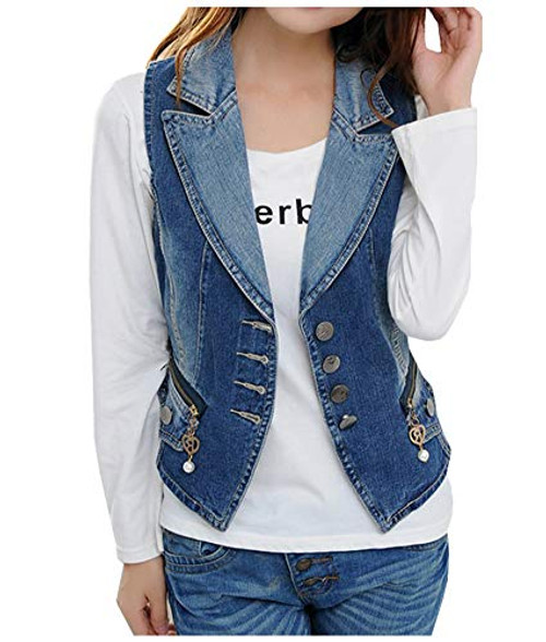 Women Casual Sleeveless Denim Jean Cropped Vest Jacket  Blue XL