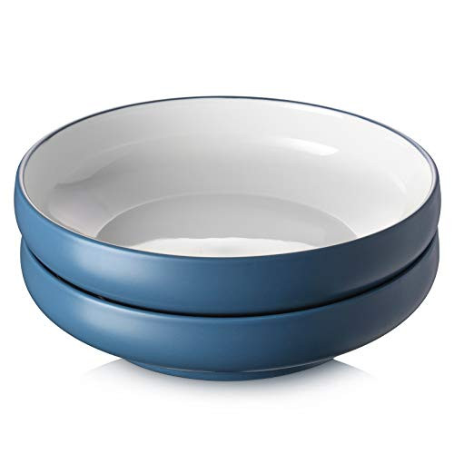 DOWAN 10 inch Shallow Serving Bowls 60 oz Large Serving Bowls and Platters Serving Plate for Salad Pasta Soup Fruit Porcelain Serving Dishes for Dinner Party Sturdy for Long Use Set of 2 Haza Blue