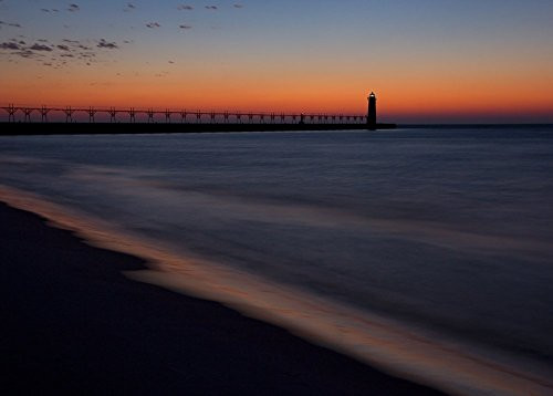 Lake Michigan Sunset art photo print Lighthouse photography on paper  and  canvas 5x7 to 24x36 inches large decor