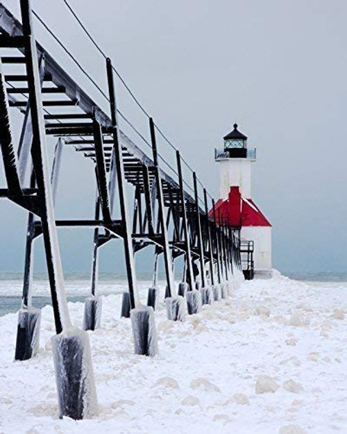 Lighthouse photography St. Joseph print Michigan winter art photo paper or canvas picture 5x7 to 30x45 inch wall decor