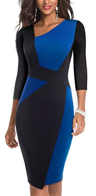 HOMEYEE Women Vintage Contrast Color Patchwork Work Business Dress B517 10Blue plusBlack-3 4 Sleeve HOMEYEE Women Vintage Contrast Color Patchwork Work Business Dress B517 10Blue plusBlack-3 4 Sleeve