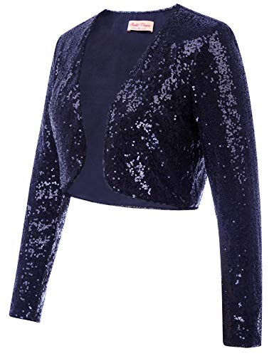 Belle Poque Women s Sequin Shrug Open Front Cardigan Long Sleeve Blazer Cropped Bolero Jacket  NavyM