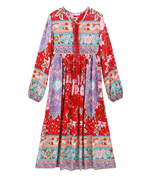 R.Vivimos Women s Long Sleeve Floral Print Retro V Neck Tassel Bohemian Midi Dresses  XL Red