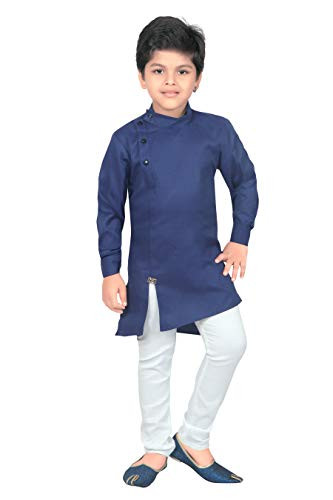 Ahhaaaa Kids Ethnic Wear Cotton Blend Kurta and Pyjama Set for Boys - Navy - 5-6 Years