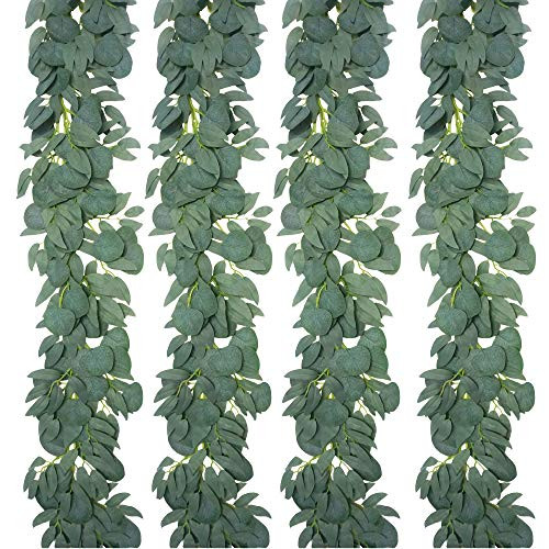 YUESUO 4 Pack 6.5 Feet Faux Silver Dollar Eucalyptus and Willow Vines Twigs Leaves Garland String for Doorways Greenery Garland Table Runner Garland Indoor Outdoor.