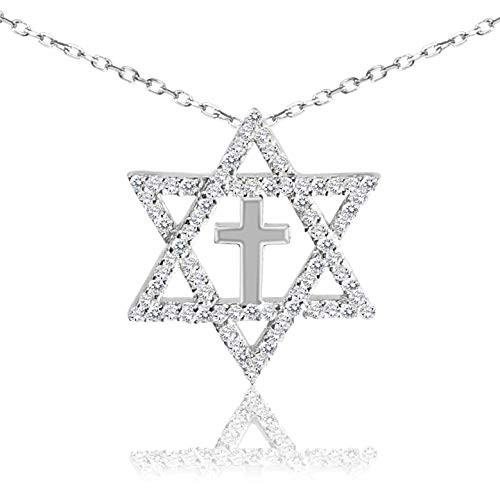 Star of David with Cross Pendant Crafted in 925 Sterling Silver and Clear Cz Cubic Zirconia Stones for Women Adjustable Length Necklace