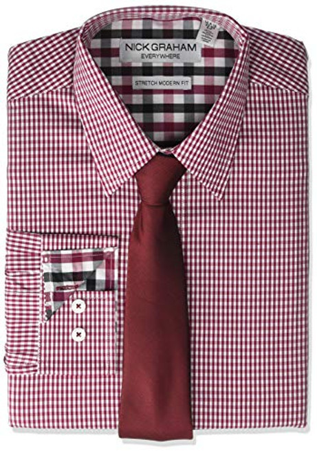 Nick Graham Men s Stretch Modern Fit Gingham Dress Shirt and Solid Tie Set Red 18-18.5 inch Neck   36-37 inch Sleeve