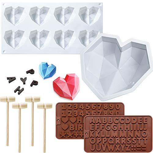8.7 Inch Diamond Heart Mousse Silicone Cake Mold Tray 8 Cavities Heart Diamond Shaped Cake Mold Tray 2 Pieces Chocolate Mold Letter Number Shaped Mold and 4 Pieces Wooden Hammer for Valentine s Day 8.7 Inch Diamond Heart Mousse Silicone Cake Mold Tray 8 Cavities Heart Diamond Shaped Cake Mold Tray 2 Pieces Chocolate Mold Letter Number Shaped Mold and 4 Pieces Wooden Hammer for Valentine s Day
