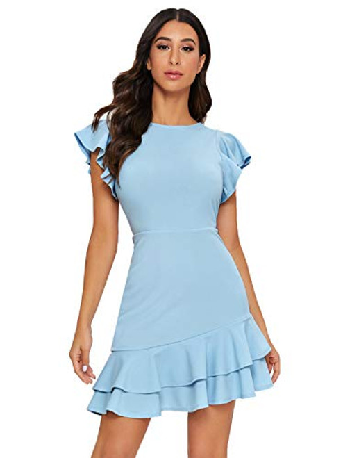 Floerns Women s V Back Inslace Layered Ruffle Hem Flutter Sleeve Dress Blue-1 M