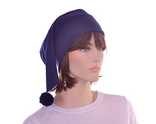 Navy Blue Stocking Cap Fleece Tail Hat Pompom Adult Men Women