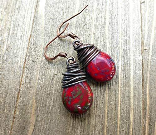 Red blue and turquoise teardrop Czech glass and copper wire wrapped earrings.