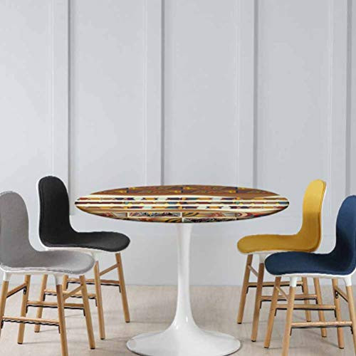 Elasticized Tablecloth Traditional Folk with Cultural Featured Trippy Icons Boho Abstract Design Spill-Proof Water Repellent Table Cover No Fabric Draping Down for Puppy to Grab Diameter - 59 Inch