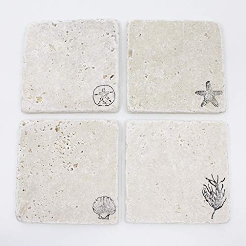 Beach Themed Travertine Coasters - Set of 4 Square Absorbent Stone Coasters