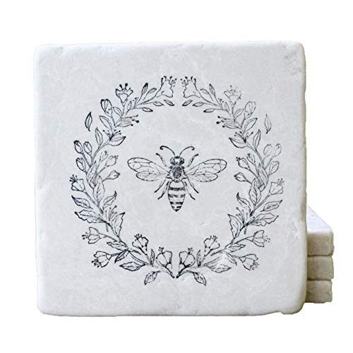 Floral Wreath Bee Marble Drink Coasters - Set of 4 Absorbent Tile Summer Coasters - Farmhouse Gifts