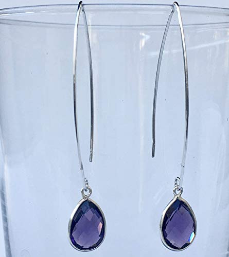 Purple Quartz Dangle Threader Sterling Silver Earring for Woman Drop Amethyst Color Earrings Purple Gemstone Earrings