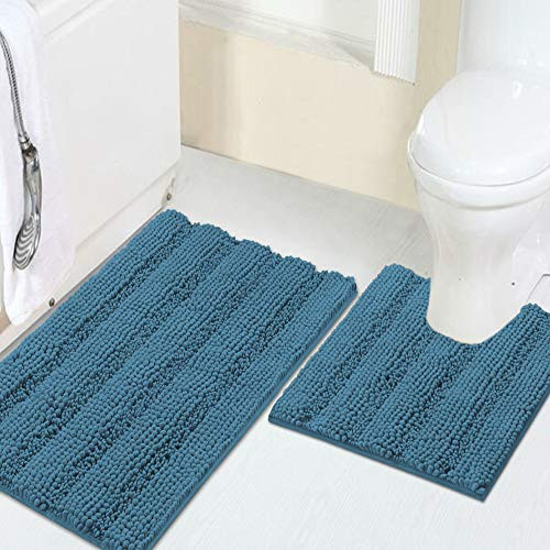 Shaggy Chenille Bath Mat Set Contour Shag Rugs Non Slip Bath Mats for Tub Extra Soft and Absorbent Bathroom Rugs 20 inch X 32 inch Bath Rug  and  U-Shaped 20 inch x 20 inch Toilet Floor Rug Turquoise Blue