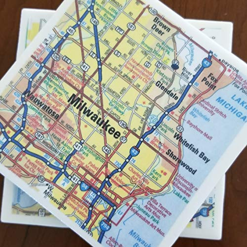 Wisconsin Map Coasters Featuring Madison and Milwaukee Set of 4