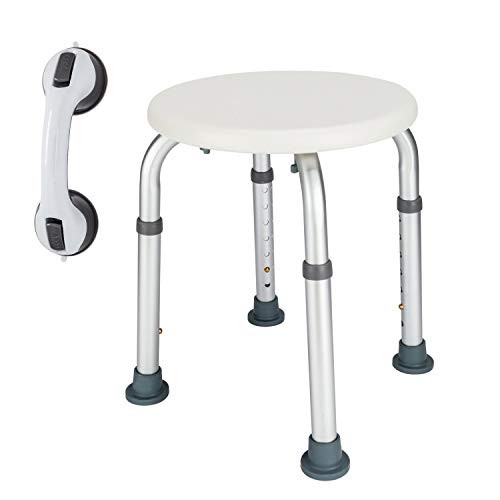 Shower Chair Round Bath Stool with Free Suction Shower Grab Bar 7 Height Adjustable Medical Tool Free Anti-Slip Bench Bathtub Seat with Durable Aluminum Legs for Pregnant Senior  and  Disabled