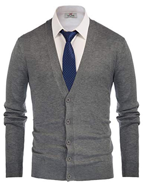 PJ PAUL JONES Men s Long Sleeve V-Neck Knitwear Soft Cardigan Sweater with Button Dark Grey L