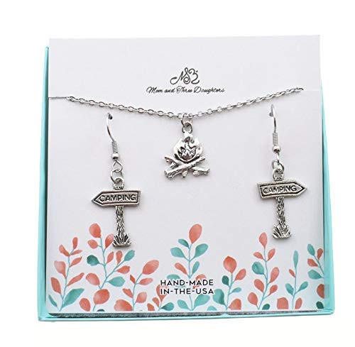 Camping Necklace and Earrings Set in Silver Pewter on an 18 inch Silver Cable Chain. Campfire Necklace. Camping Gifts. Jewelry Set Camping Necklace and Earrings Set in Silver Pewter on an 18 inch Silver Cable Chain. Campfire Necklace. Camping Gifts. Jewelry Set