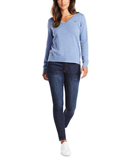 Nautica Women s Effortless J-Class Long Sleeve 100 percent Cotton V-Neck Sweater Slate Blue Heather XX-Large