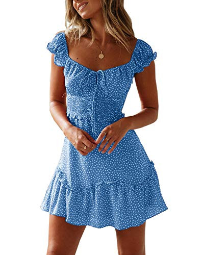 Valphsio Womens Smocked Dress Ruffle Floral Tie Front Boho Short Dresses  Large Blue-1