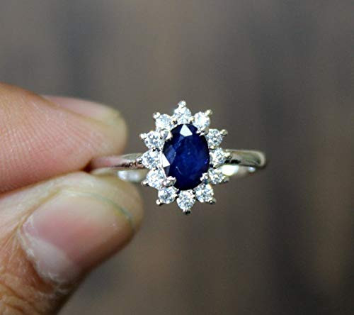 Silver Blue Sapphire Halo Ring Blue Sapphire Engagement Ring 5x7 mm oval Sapphire Solitaire Ring