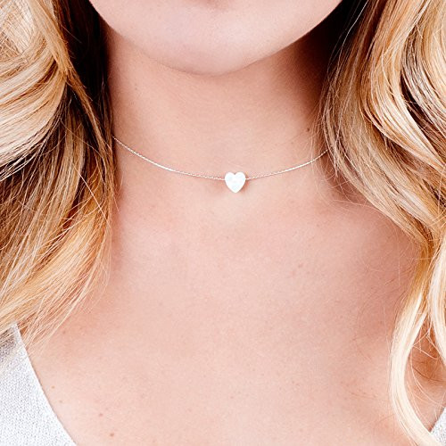 White Opal Heart On Sterling Silver 925 Choker Necklace - Designer Handmade Minimal Collar - Length  13.5 inch  plus 3 inch Extender