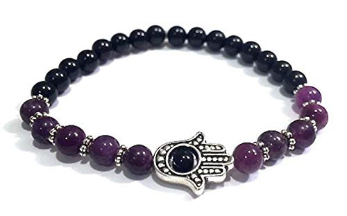 Handmade Hamsa Hand Lepidolite and Black Tourmaline Healing Bracelet 7 Inches