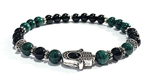 Handmade Hamsa Hand Black Tourmaline and Malachite Healing Bracelet 7 Inches Handmade Hamsa Hand Black Tourmaline and Malachite Healing Bracelet 7 Inches