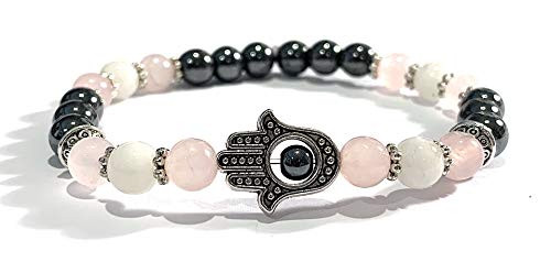 Handmade Hamsa Hand Rose Quartz Moonstone and Hematite Healing Bracelet 7 Inches Handmade Hamsa Hand Rose Quartz Moonstone and Hematite Healing Bracelet 7 Inches