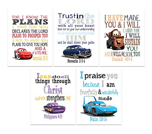 Cars Christian Nursery Decor Set of 5 Prints Lightning McQueen Ramone Doc Hudson King 43 and Tow Mater