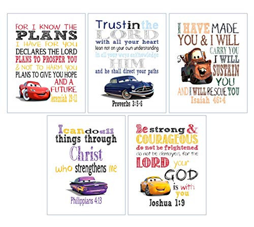 Cars Christian Nursery Set of 5 Prints Lightning McQueen Ramone Doc Hudson Cruz Ramirez and Tow Mater