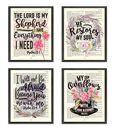 Psalm 23 1 Psalm 23 3 Psalm 23 4 Psalm 23 5 Art Prints Set of 4 Unframed Vintage Bible Page Verse Set Wall Decor Posters All Sizes