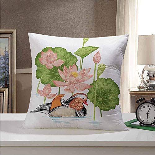 StarsART Pillow Cover Set Rubber DuckBaby Mandarin Duckling in Pond with Lotus Lily Flowers Water PaintingWhite Green and Pink 16 inchx16 inchPremium Soft Easy-Wash Microfiber