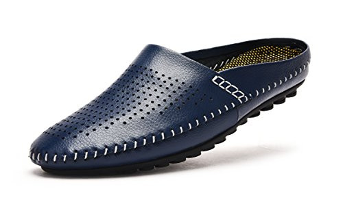 V.J Men s Classic Handsewn Genuine Leather House Slippers Office Slippers Indoor Outdoor Comfort Slip On Shoes KS805-L46-11 Blue