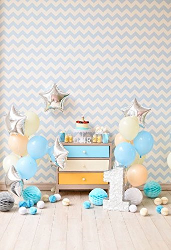 Baocicco 5x7ft 1st Baby Birthday Decorations Indoor Backdrop Cotton Polyester Photography Background White Blue Silver Balloons Birthday Cake Chevron Wallpaper One Year Old Child Party Photo Shoot