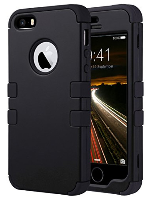ULAK iPhone 5S Case,Black iPhone 5 SE Case, Anti Slip Shock Resistance Protective Cover with Hybrid High Soft Silicone + Hard PC Case for Apple iPhone 5/5S/SE (Black+Black)